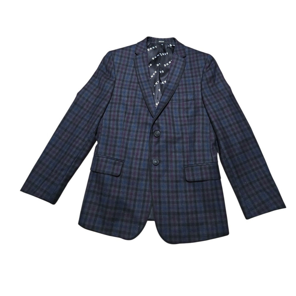 DKNY Womens Blue Purple Plaid Wool Blend Two Button Tailored Blazer Jacket XS